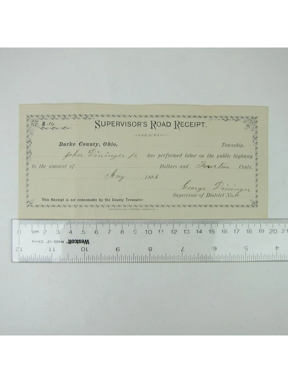 Darke County Ohio Supervisors Road Receipt Highway Work Dininger Antique 1886